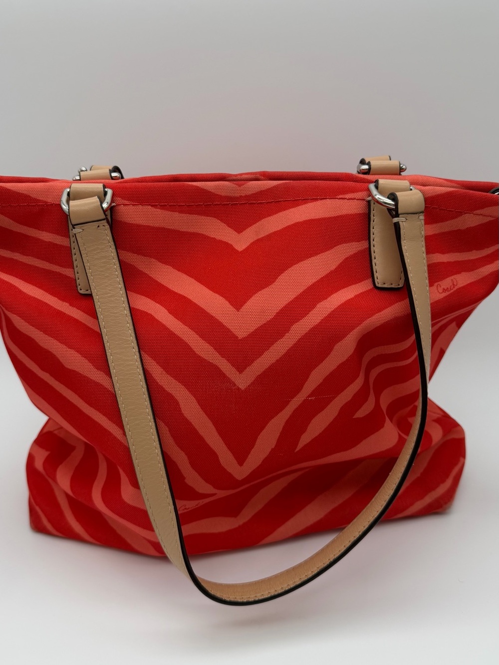 Coach Red Zebra-Print Tote with Tan Leather Trim and Logo Charm this is used! - Picture 4 of 13